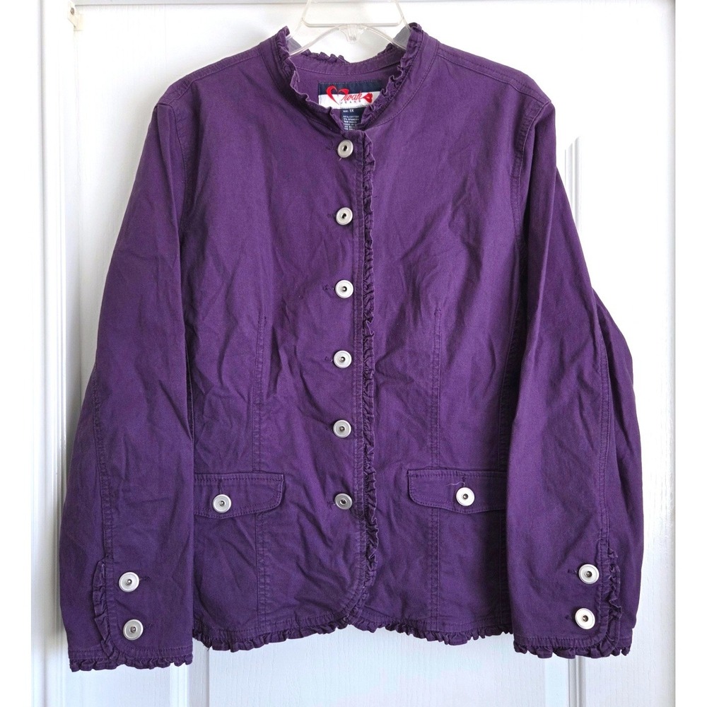 VTG Wak Jeans Purple Ruffle Trim Button Front Denim Jacket Women Sz‎ 1X